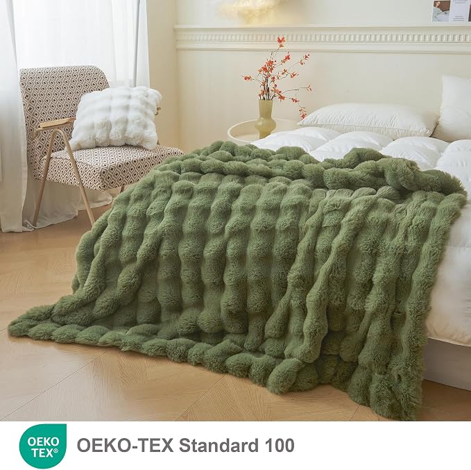 LIFEREVO Luxury Fluffy Faux Rabbit Fur Throw Blanket 50x60, Sage Green | Plush Bubble Blanket for Bedroom Living Room Office, Decorative Soft Moss Furry Lap Throw for Kids Teens Adults, Washable