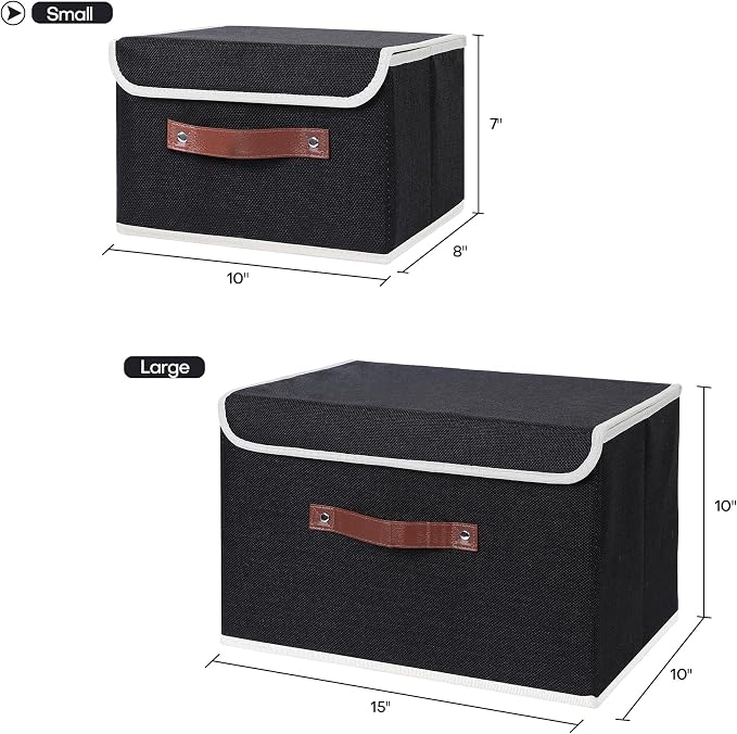 ANMINY Fabric Storage Box Bins with Lids, Black, 15"x10"x10", 2 Pack | Keepsake Memory Storage, Cotton Linen, PP Board Reinforced, Washable, PU Handles, Foldable & Stackable, Decorative, Large