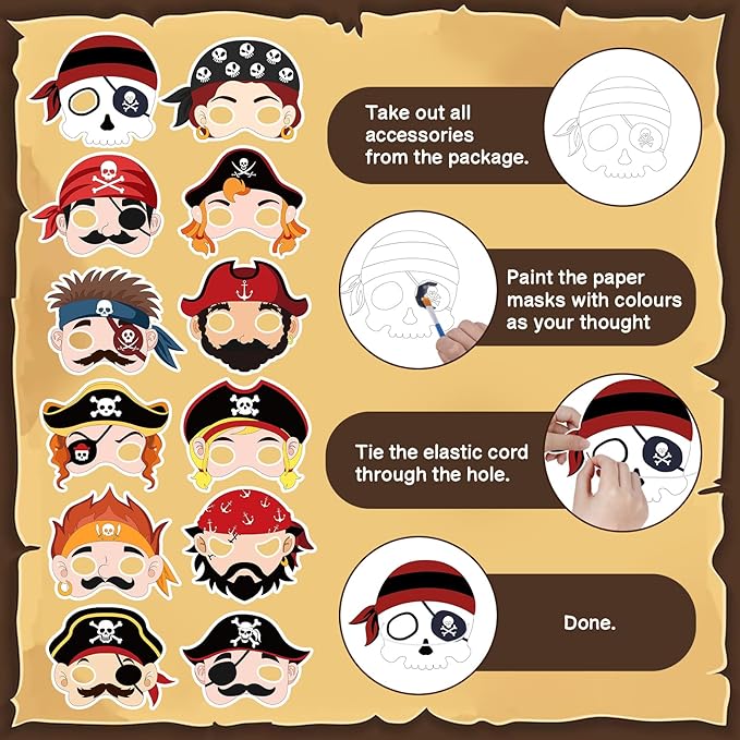 24 Pcs Pirates Craft for Kids Color Your Own Pirate Masks DIY Coloring Art and Crafts for Kids Art Project Pirate Theme Birthday Party School Activity Halloween Thanksgiving Cosplay Dress Up