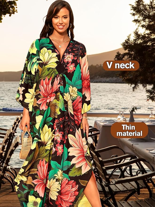 ChiaoLezhee Print Moo-Moos for Women, Kaftan Cover-Up Dresses, Sexy V-Neck High-Slit, Beach Pool-Party Coverups Muumuu Plus