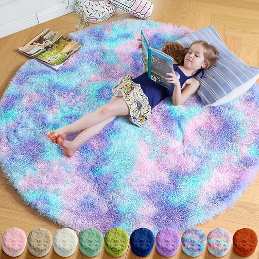 Amdrebio Purple Rainbow Small Round Rug 3Ft for Bedroom Girls Room Decor, Mermaid Kids Rugs for Playroom Nursery Dorm, Fluffy Furry Cute Shag Carpet, Kawaii Circle Area Rugs for Baby Toddler Princess