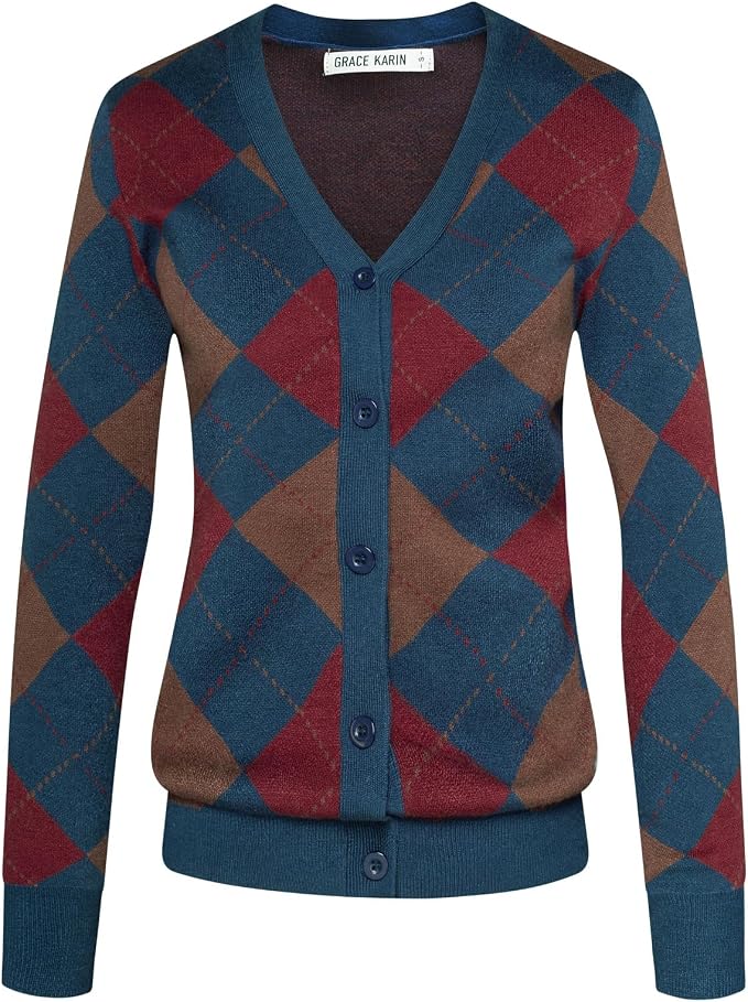 GRACE KARIN Womens Cardigan Sweater Fall Fashion Argyle Sweater Button Up Cardigan Teacher Outfits Preppy Clothes