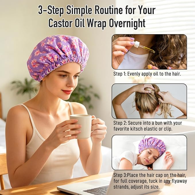 Castor Oil Pack Wrap Organic Cotton for Hair Growth, Overnight Hair Wrap for Sleep, Reusable Hair Mask Cap for Castor Oil Treatment of Balding,Thinning Dry and Damaged Hair(Oil Not Included) Purple, M