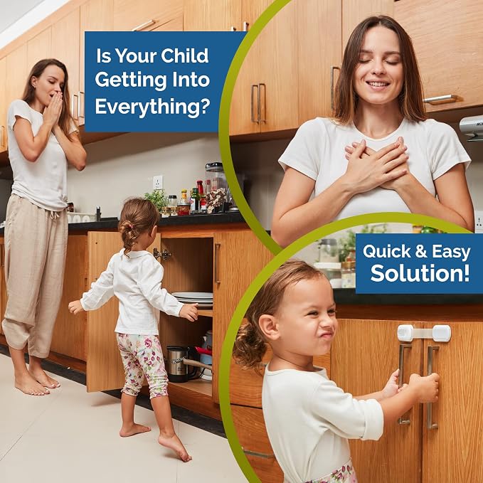Child Safety Strap Locks (8 Pack) Baby Locks for Cabinets and Drawers, Toilet, Fridge & More. 3M Adhesive Pads. Easy Installation, No Drilling Required, White/Gray