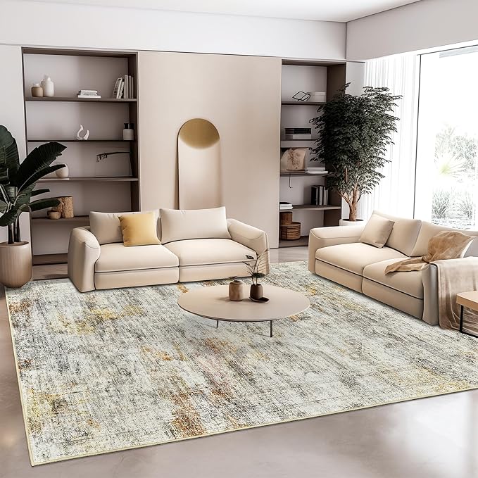 Soalmost 9x12 Area Rugs for Living Room Washable Rug Non-Slip Grey/Rust | Large Vintage Stain Resistant Carpet for Dining Bedroom, Low Pile Lightweight Foldable Floor Mat Nursery Home Office Decor