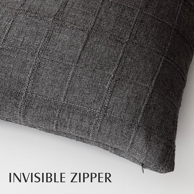 Foindtower Set of 2 Decorative Linen Check Throw Pillow Covers Neutral Farmhouse Vintage Cushion Covers Modern Boho Home Decor for Sofa Chair Couch Bedroom Living Room,22×22 Inch,Charcoal