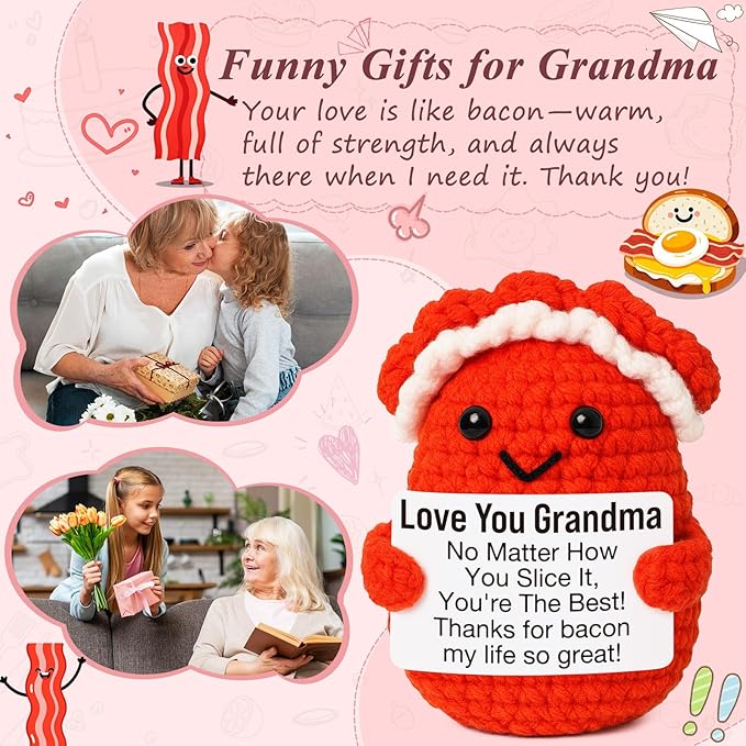 Mini Birthday Grandma Gifts from Granddaughter Grandson Christmas Thanksgiving Day Gift for Grandma Cute Handmade Crochet Bacon Gifts for New Nana Gigi Grammy Grandmother Christmas Stocking Ideas