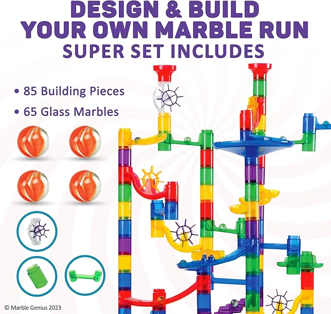 Marble Genius Marble Run - 150 Complete Pieces Maze Track Toys for Adults, Teens, Toddlers & Kids Aged 4-8 Years Old, (85 Translucent Marbulous Pieces + 65 Glass-Marble Set), Super Set