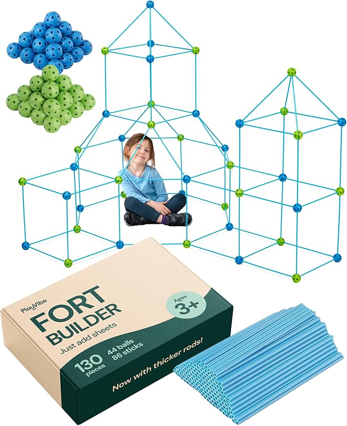 PLAYVIBE Fort Building Kit - 130 Pieces, Blue - Indoor & Outdoor Play, STEM Toy & Building Toys & Creative Forts