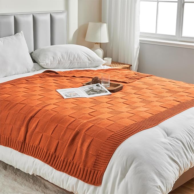 CozeCube Rust Orange Knitted Checkered Throw Blanket 50"X60" | Check Knit Throw for Couch, Decorative Christmas Soft Cozy Warm Blanket for Bed Sofa Living Room