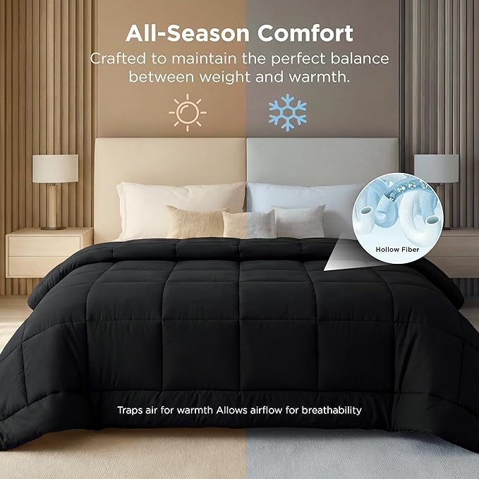 Bedsure Comforter Duvet Insert - Quilted Comforters Oversize Queen Size, All Season Duvet, GentleSoft Down Alternative Bedding, with 8 Tabs, Gifts for Women/Men, Black, Oversize Queen 98 x 98 Inches