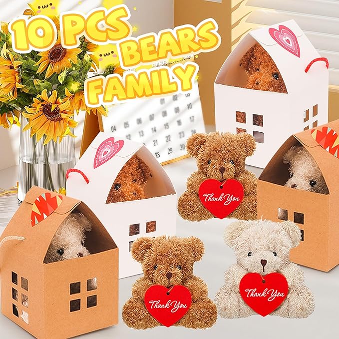 10 Pcs Mini Bears Plush Stuffed Small Fuzzy Bulk Animal Doll, Curly Teddy Bear Party Favors Valentine's Day Gift Toys with Paper Houses for Kids' Birthday Party Supplies(Brown, Apricot)