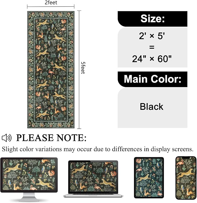 DUKINO 2x5 Rug for Hallway, Washable Animal Runner Rug Non Slip, Black | Low Pile, Stain Resistant, Soft Indoor Carpet Runner for Kitchen, Entryway, Bedroom, Bathroom, Pet Friendly, Lightweight