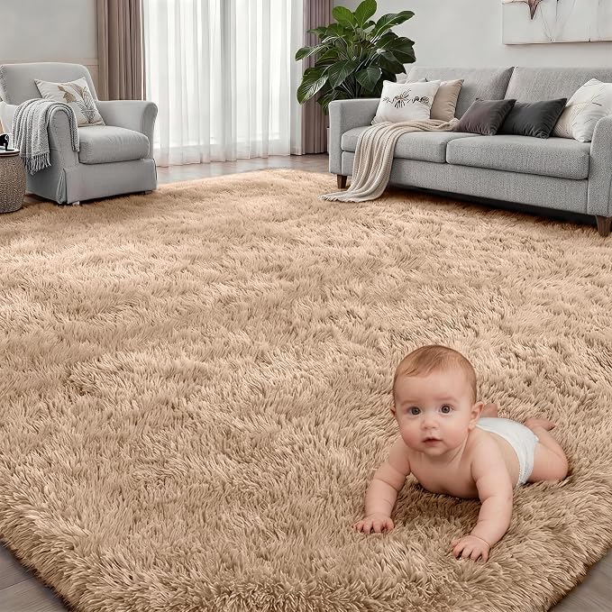 Fluffy Area Rugs 9x12 Living Room Bedroom: Ultra Soft Shag Rug Upgrade Non-Slip Non-Shedding Large Fuzzy Plush Carpet Indoor Floor Carpets for Kids Room Playroom Nursery Dorms Home Decor Beige