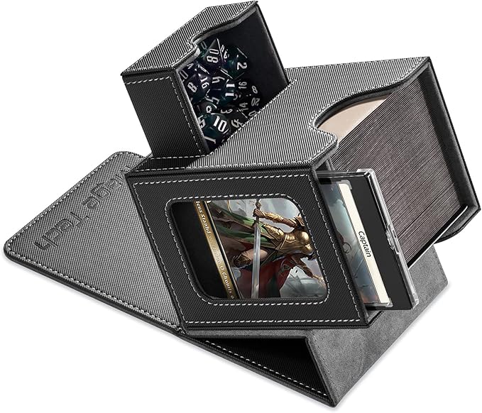 Mage Tech Card Deck Box for MTG Commander - Patented Design, Commander Display, Fits 100 Double-Sleeved Cards, 35pt Card Brick & Dice Tray - Black/Gray