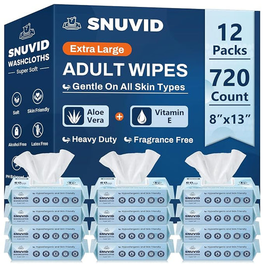 Adult Wipes for Elderly - 720 Count Extra Large 8"x13" Disposable Washcloths Rinse Free Bathing Wipes for Incontinence & Bedridden Care - Thick, Soft & Unscented with Aloe & Vitamin E (12 Packs of 60)
