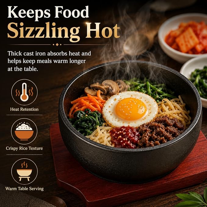 XICHENGSHIDAI Cast Iron Dolsot Bibimbap Bowl, 31 Oz, Wooden Base | Heat-retaining Korean bowl for sizzling rice, bibimbap, soup and stew; includes a wooden base for convenient table serving.