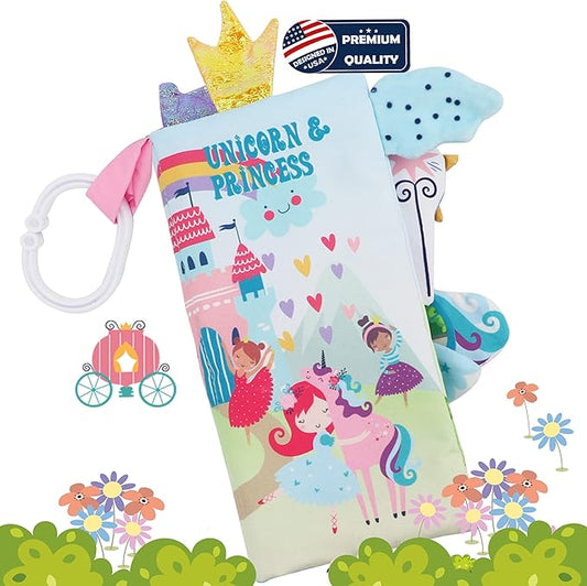 bebe mondo Unicorn Baby Books 0-6 Months Toys 6 to 12 Months, Touch Feel Cloth Crinkle Books for Babies,Infants, Soft Sensory Stroller Toys, Christmas Baby Gifts Shower Items, Chweing Book (Princess)