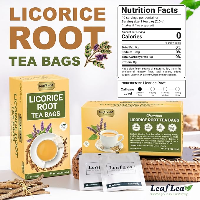 LeafLea Licorice Root Tea Bags, Caffeine-Free Liquorice Tea, 80 Count | Naturally Sweet Black Licorice Spice, 100% Pure Single Ingredient, Sugar-Free, Foil-Wrapped Freshness