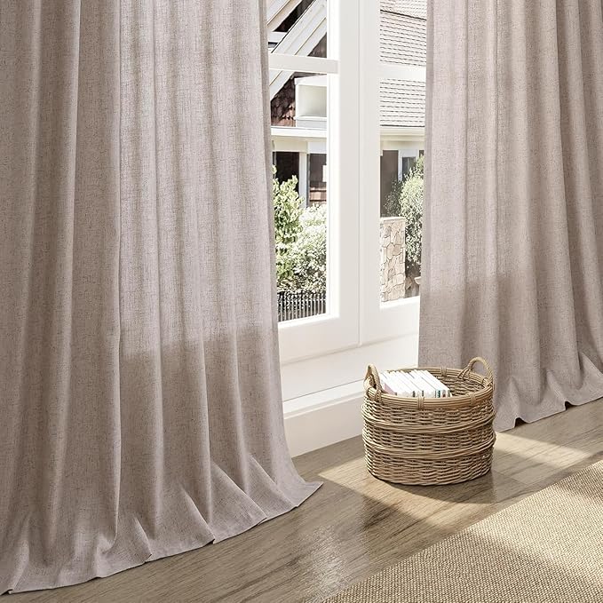 Nanspring Brownish Grey Linen Curtains for Living Room 98 Inches Long Back Tab Light Filtering Semi Sheer Curtain Modern Farmhouse Decor for Bedroom Office Luxury Textured Drapes 52x98, 2 Panels