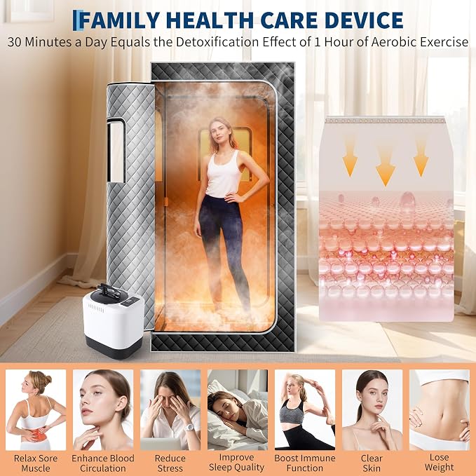 Garvee Sauna Box,Portable Sauna for Home with 4L 1500W Steamer,Explosion Zroof Zip,99 Mins Timer,Sauna Tent with 600D Encrypted Fibre, Easy Setup Quick Heat-Up Foldable Sauna for Home Spa（Grey）