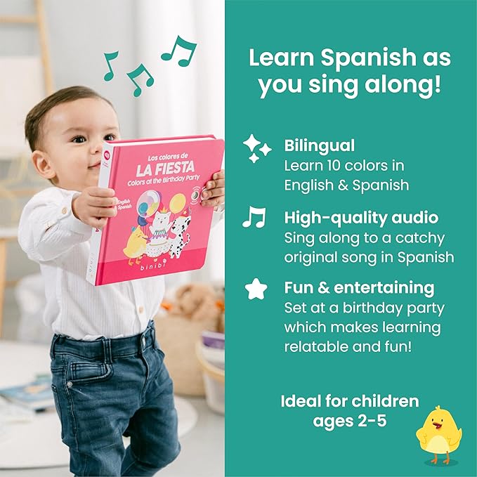 Binibi Spanish Musical Book Colors at The Birthday Party | Spanish Learning for Kids | Bilingual Book for Babies & Toddlers 1-3 | Libro en español para bebés