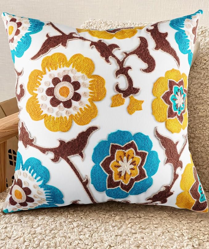 Embroidered Throw Pillow Cover - 18x18 Decorative Pillow Cover with Zipper Aesthetic Cute Design Boho Spring Summer Cozy Throw Pillowcase for Living Room Couch Sofa Bed, Floral