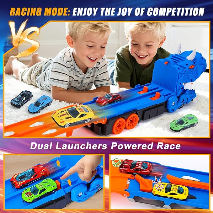 MUGEYMYD Dinosaur Toys Car Race Track Set for Toddlers 3-12, City Transport Truck with 12 Die-Cast Cars, Transforming Dino Truck Set with Foldable Tracks and Swallow, Gift for Boys and Girls.