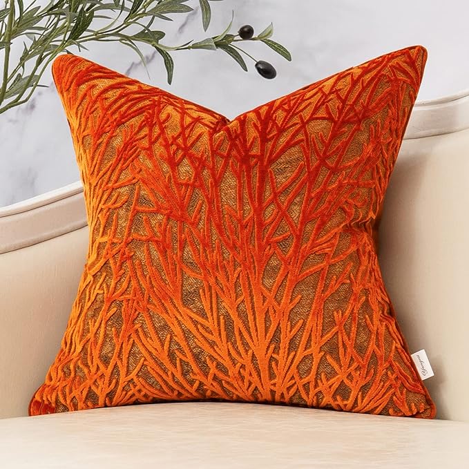 Burnt Orange Twigs Throw Pillow Cover Branches Velvet Cushion Case Neutral Pillowcase for Sofa Couch Bedroom Living Room Home Decor,20x20 Inch
