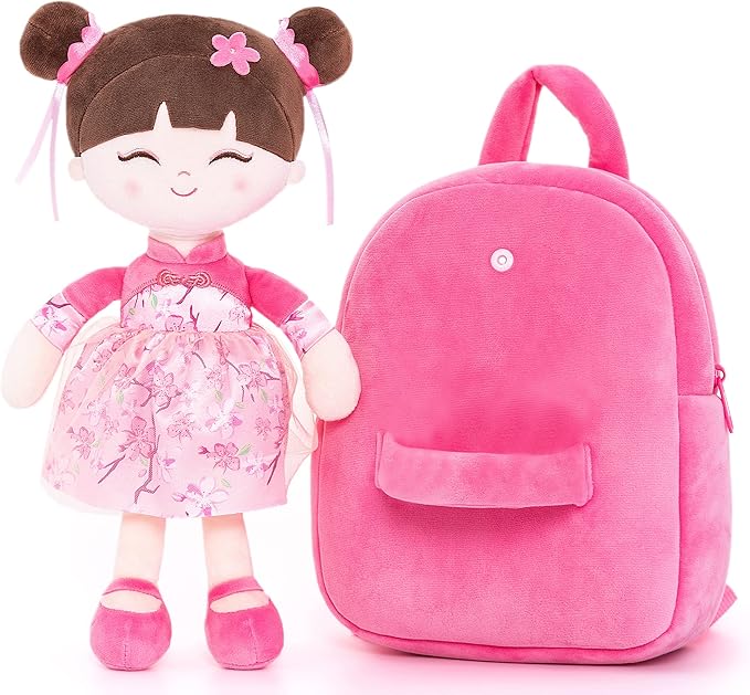 Gloveleya Back to School Gifts for Girls Kids Backpack Toddler Backpack Soft Plush Asian Girl Doll Backpacks Pink 9"