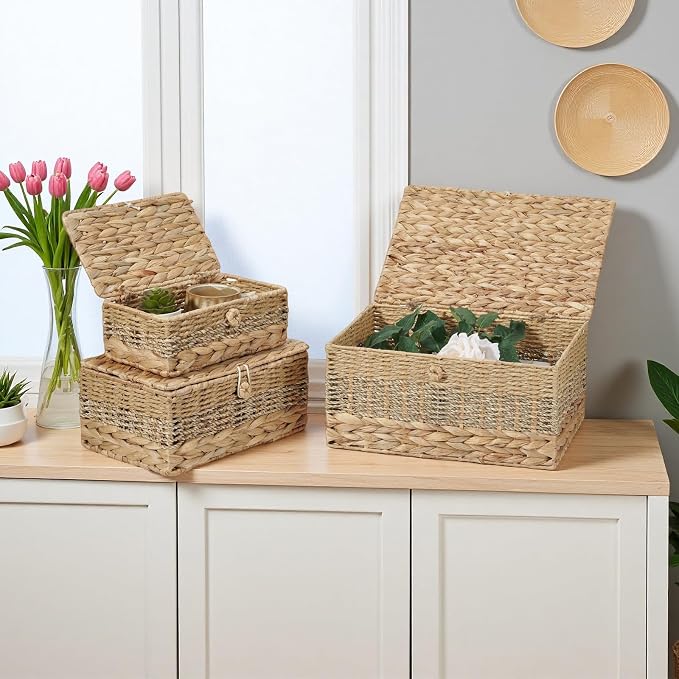 3PCS Wicker Storage Baskets with Lids Decorative Rattan Boxes | Handmade Natural Boho Woven Bins, Water Hyacinth Seagrass Paper Rope, Memory Keepsake Photo Makeup Container, Shelf Organizer
