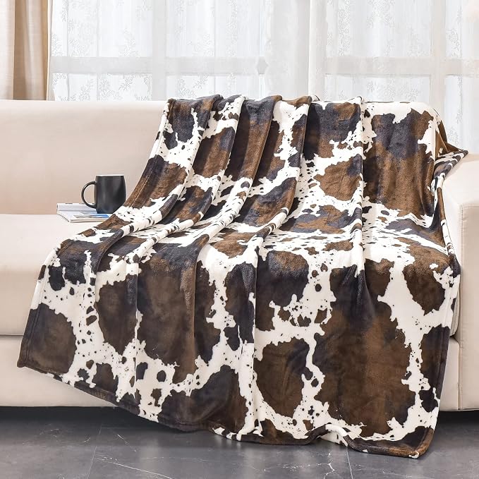Bnuitland Brown Cow Print Throw Blanket 300 GSM Double Sided Fuzzy Decor Lap Blanket for Bed/Sofa/Couch, Super Soft Cozy Flannel Throw Gift for Adults and Kids, 50×60 inch