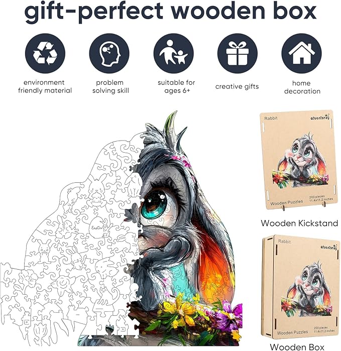 Qiuenisray Easter Wooden Puzzles for Adults, Rabbit Jigsaw Puzzles 200 Piece, FSC Certified Royal Unique Shape Animal Wood Puzzle, Creative Gift for Family Game 11.1x11.4 in