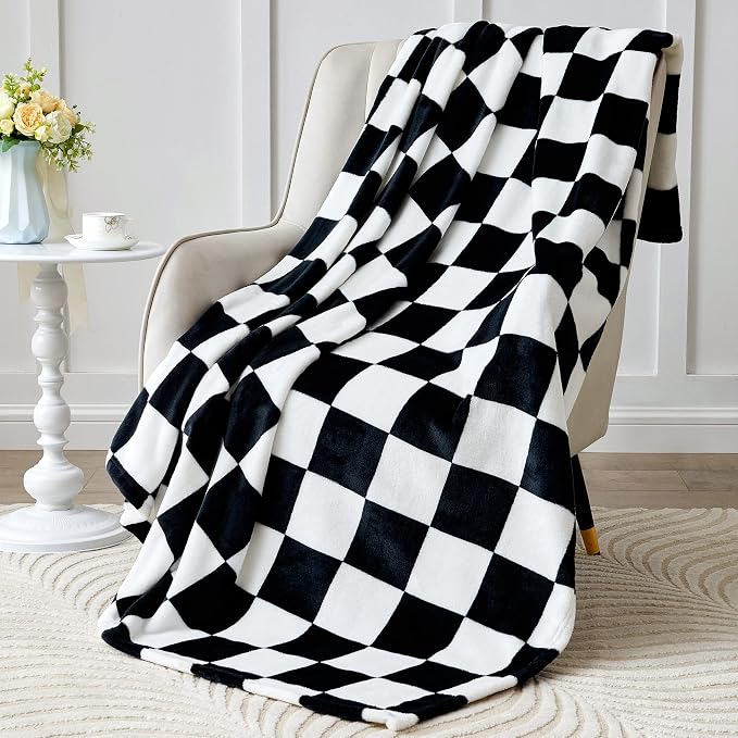 BEDELITE Plaid Fleece Throw Blanket, Black & White Checkered 50x60 Throw | 100% Polyester Microfibe, Soft, Lightweight, Warm, Classic Cherckerde Blanket, Room Decor, Machine Washable, for Couch Bed