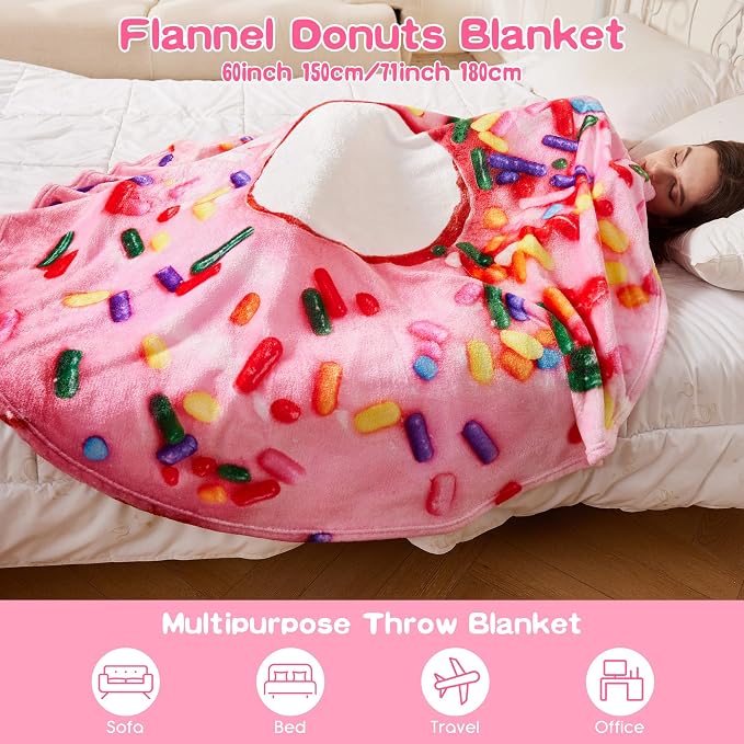 SeaRoomy Donut Blanket, Realistic Food Funny Donuts Blanket, 60 in，Pink | White Elephant Gifts, Gag Gifts For Teen Boys & Girls, Novelty Christmas Birthday Presents, Double Sided, Soft Flannel