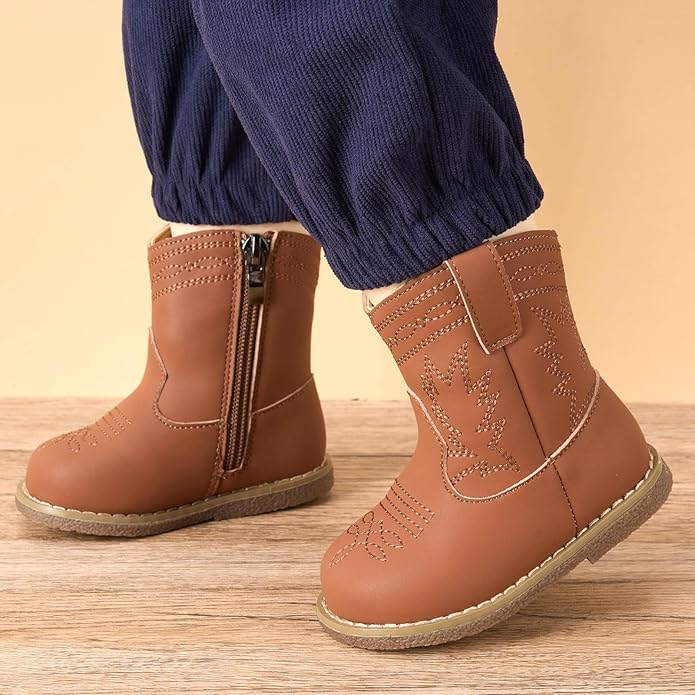 Newsonet Baby Cowboy Cowgirl Boots Infant Western Boots Toddler Boys Girls Round Toe Riding Mid Calf Boots All Seasons for 6 9 12 18 24 Months