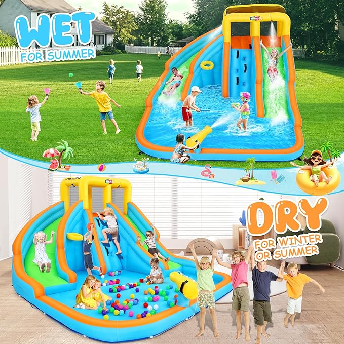 11x10.2 FT Inflatable Dual Water Slide w/Catch Ball Set, 11-in-1 Blow Up Waterpark w/2 Long Slides, Splash Pool, Climbing Wall, Basketball Rim, Water Cannon - 5 Water Toys & Inflatable Ball & Blower