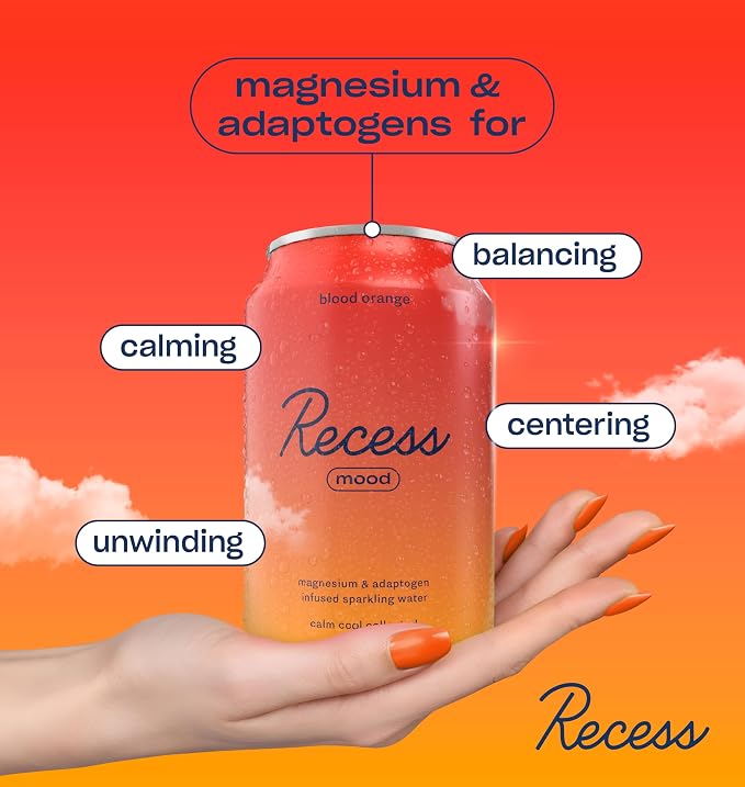 Recess Mood Magnesium & Adaptogen Drink, Relaxation Beverage, 12 ounce (Blood Orange, 12 pack)