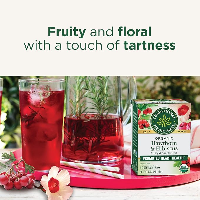 Traditional Medicinals Tea, Organic Hawthorn & Hibiscus - Promotes Heart Health - Kosher, Non-GMO, Caffeine-Free - 16 Tea Bags