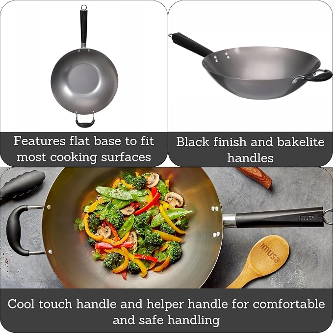 IMUSA USA Natural Wok with Triangle Handle 14-Inch, Silver | Natural Finish, Cool-Touch Wood and Helper Handle, Ideal for Stir-Frying, Perfect for Everyday Cooking
