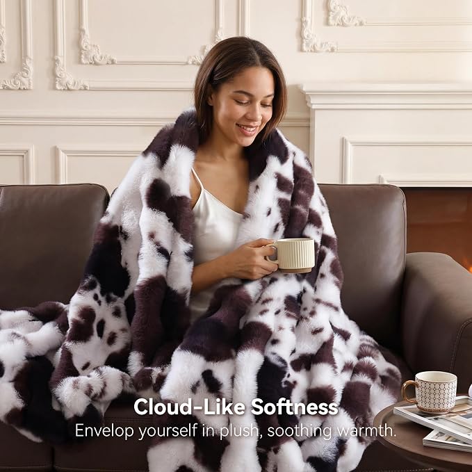 Faux Rabbit Fur Throw for Couch - Cow Brown Bubble Blanket 50"x60" | Fluffy Plush Fuzzy Throw for Sofa & Bed, Super Soft Cozy Comfrt Blanket, Luxury Aesthetic Cow Print Decor Gift for Women