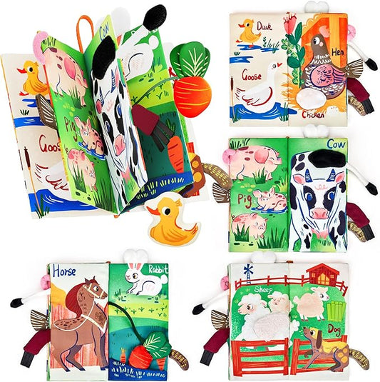JoyCat Baby Books 0-6-12 Months - Farm Tail Tummy Time Toys - Sensory Touch & Feel Crinkle Cloth Book with Detachable Duck - Newborn Valentine Easter Basket Stuffers