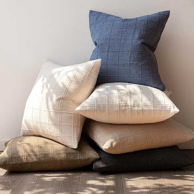 Foindtower Set of 2 Decorative Linen Check Throw Pillow Covers Neutral Farmhouse Vintage Cushion Covers Modern Boho Home Decor for Sofa Chair Couch Bedroom Living Room,22×22 Inch,Charcoal