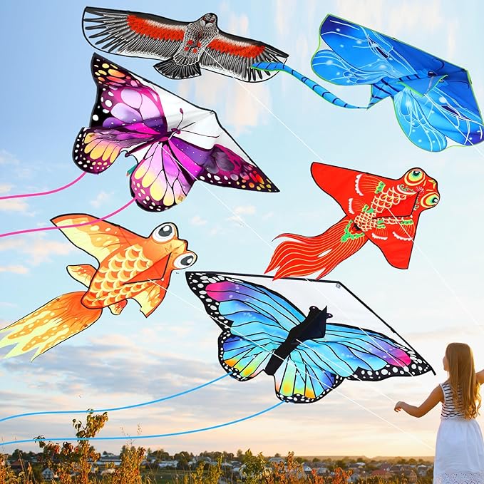 Leitee 6 Pack Large Kite for Kids and Adults Butterfly Kite for Kids Age 4-8-12 Dragonfly Owl Parrot Eagle Goldfish Teens Toy Easy to Fly for Game Beach Outdoor Activities Gifts(Cute Style)