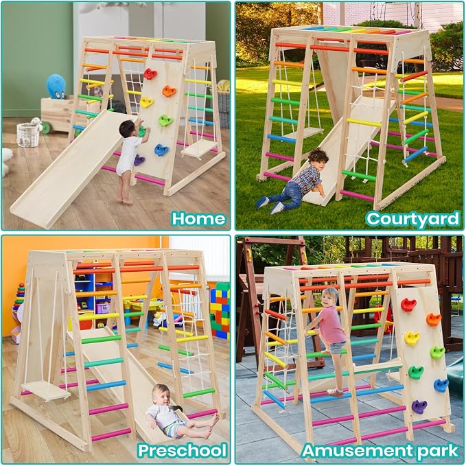 7 in 1 Pikler Indoor Playground Jungle Gym Playset, Wooden Montessori Climber with Slide, Rock Climb Wall, Monkey Bars, Rope Ladder, Climbing Rope and Swing for Kids（Rainbow）