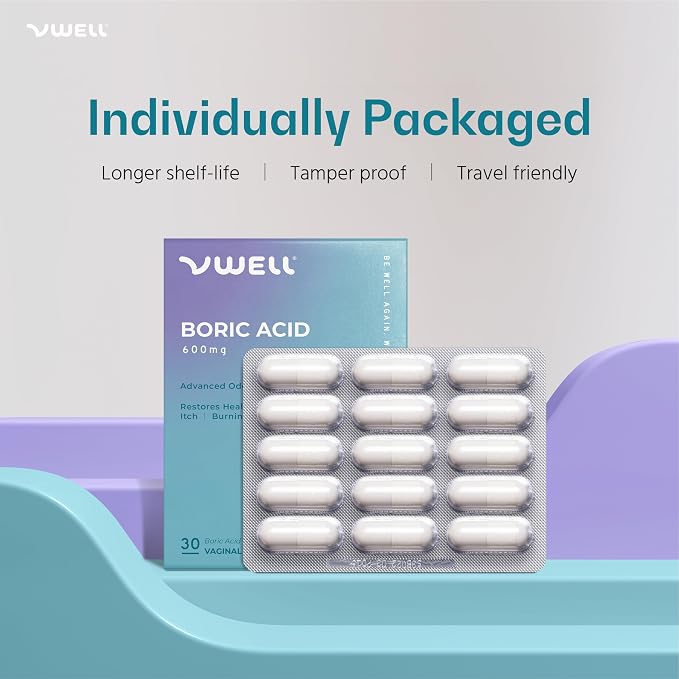 VWELL Boric Acid Vaginal Suppositories - pH & Flora Support, 60 Count