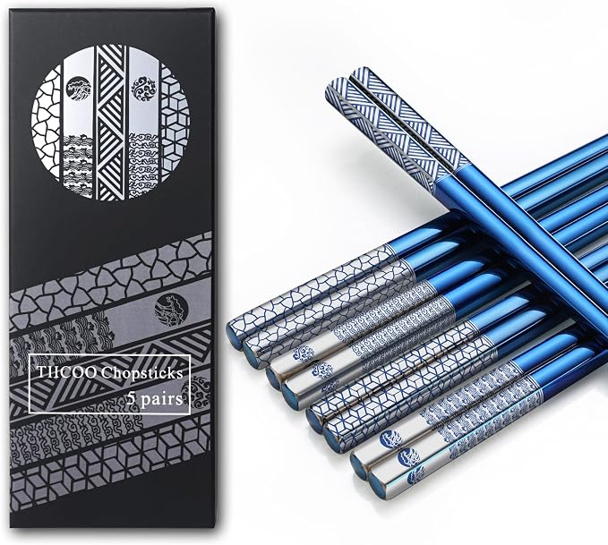 Metal Chopsticks - Reusable 18/8 Stainless Steel, Titanium Laser Engraved - Premium Lightweight Japanese Korean Chopsticks - Dishwasher Safe - 5 Pairs Gift Set (Blue)
