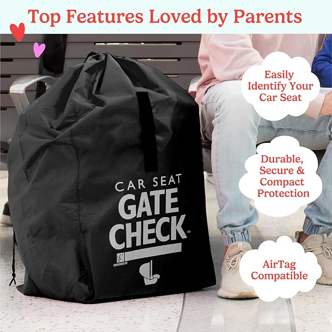 J.L. Childress Gate Check Travel Bag for Car Seats - Car Seat Travel Bag for Airplane, Fits All Baby & Infant Carriers, Airport Accessories for Gate Check, Flying Essentials, AirTag Compatible - Black
