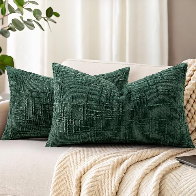 decorUhome Textured Chenille Throw Pillow Covers 12x20 Set of 2 Green | Fall Modern Farmhouse Soft Cozy Slubby Couch Pillow Cases Boho Decorative Pillow Cases for Bed Sofa Living Room Home Decor