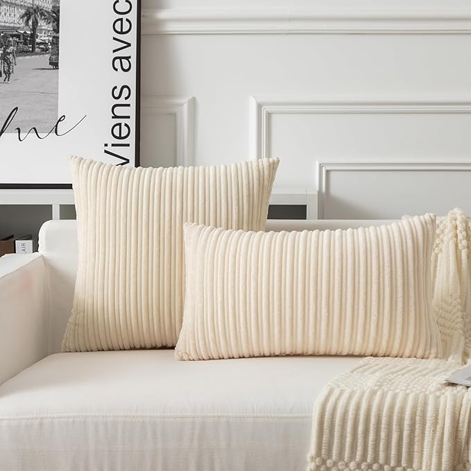 UGASA Decor Corduroy Striped Velvet Cushion Cover Velvet Pillow Covers for Sofa/Couch/Bedroom, 1 Pack, 20"x20"(50x50cm), Cream